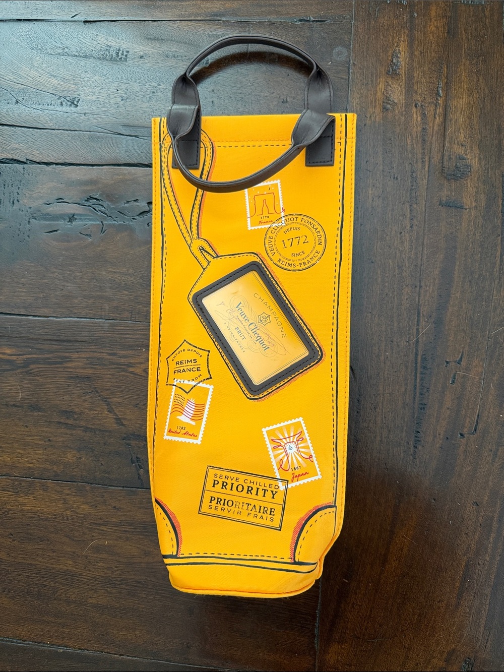 Veuve Clicquot Yellow Wine Bottle Insulated Gift Bag with Travel Stamp Design